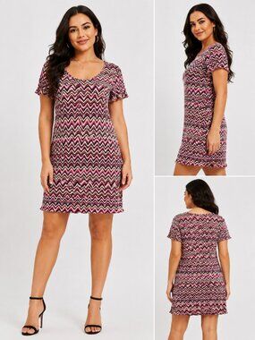 TACERA S Pink Black Chevron Zigzag Print Short Sleeve Dress